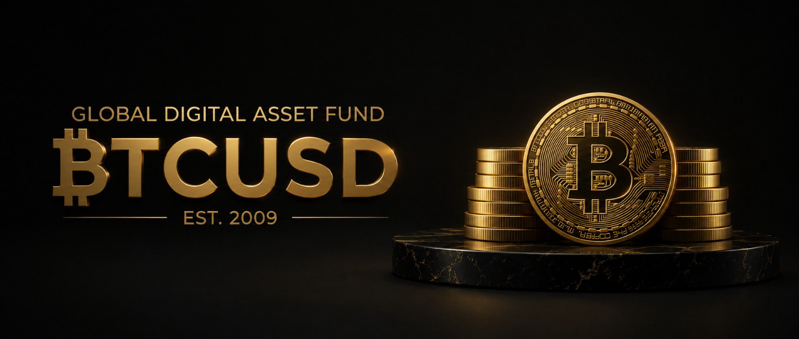 Gold bitcoin coins on a marble podium